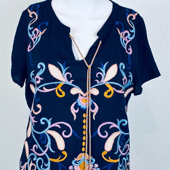Anthropologie Skies Are Blue Mini Dress XS Embroidered Floral Navy Tassel Boho - Picture 2 of 15